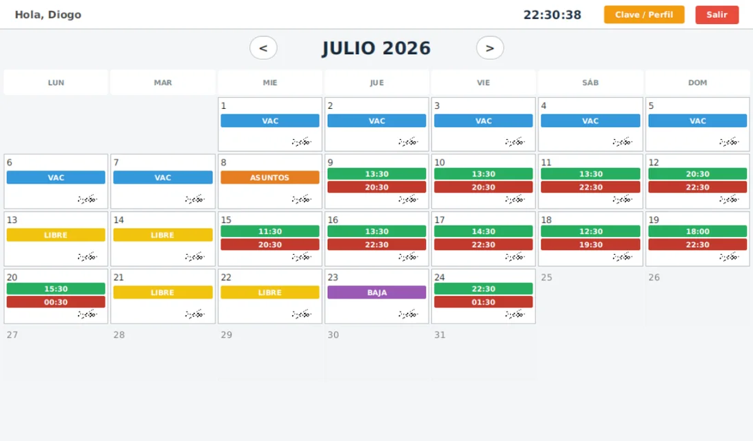Calendario mensual del empleado