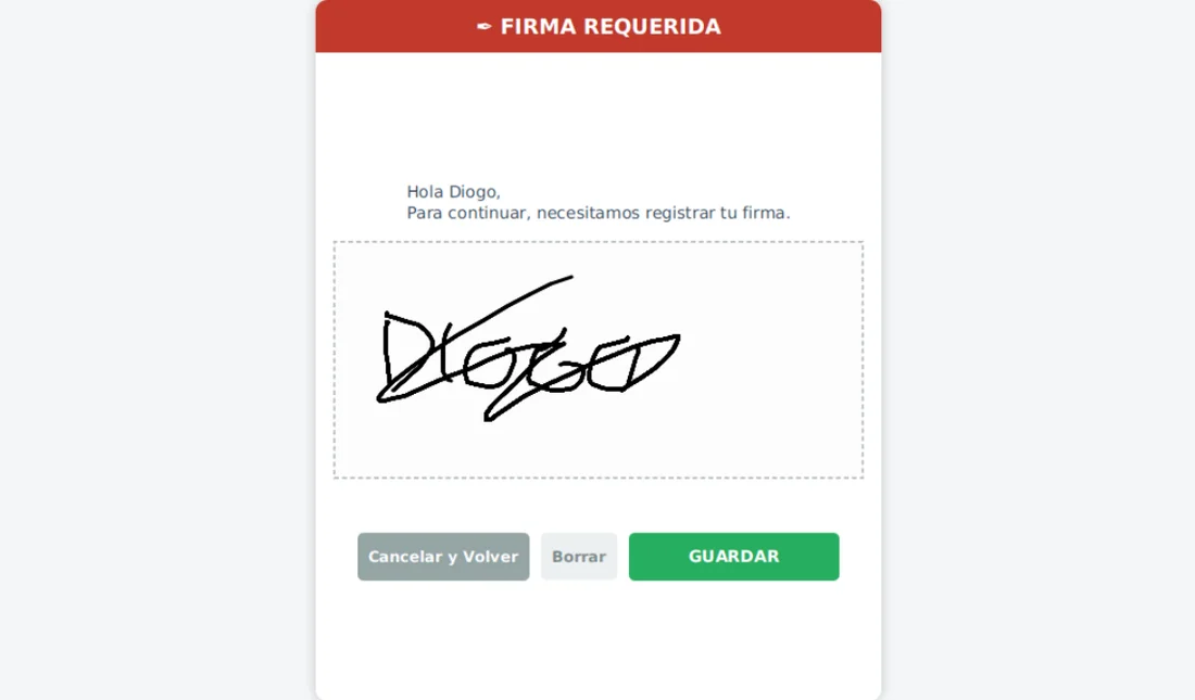Registro de firma manuscrita en el terminal