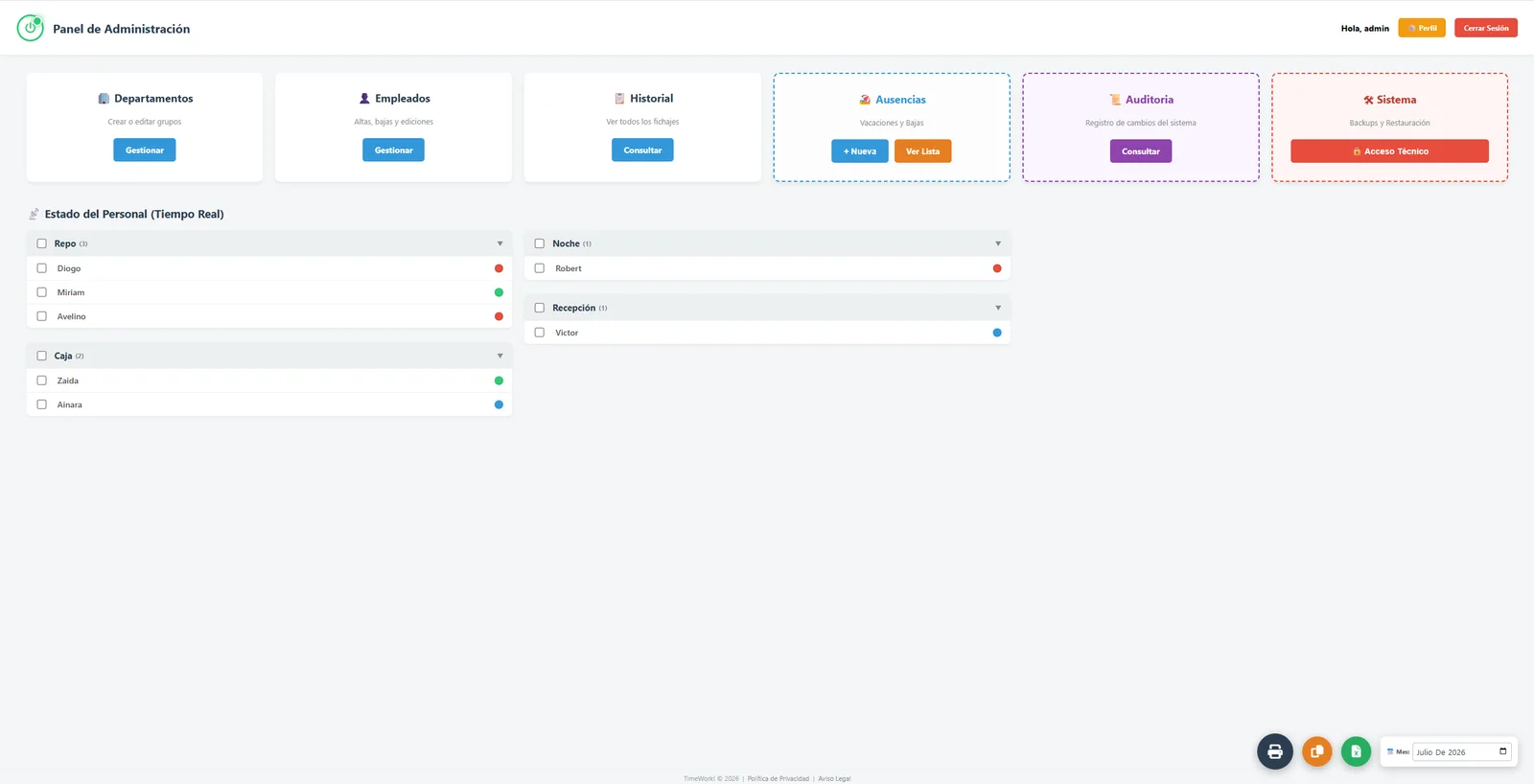 Panel de administración con los departamentos y el estado del personal en tiempo real